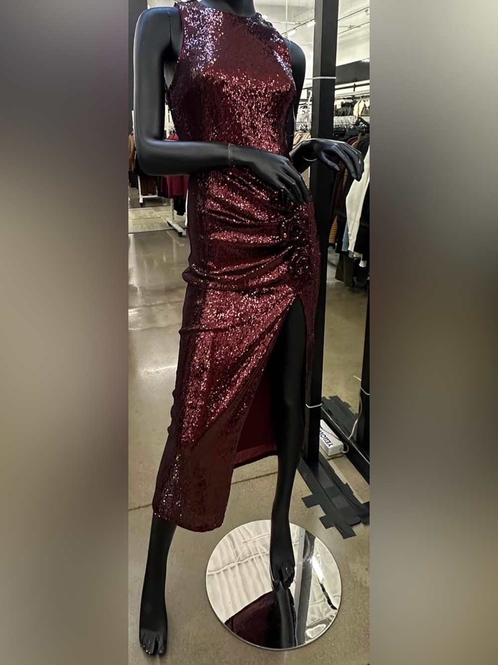 Avec Les Filles Sequin Maxi Rosette Detail, High Slit Burgundy Size 10 Gown. NWT - Picture 4 of 12